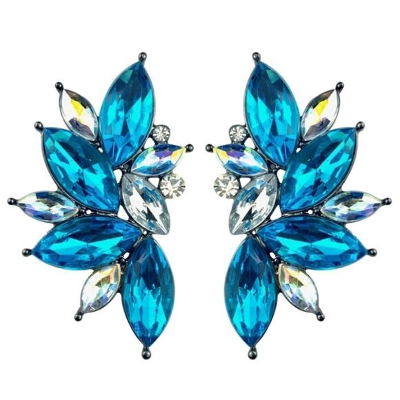 Gun Metal Black with Aquamarine Blue Crystal 80's Punk Rock Starburst Earrings - Picture 1 of 5